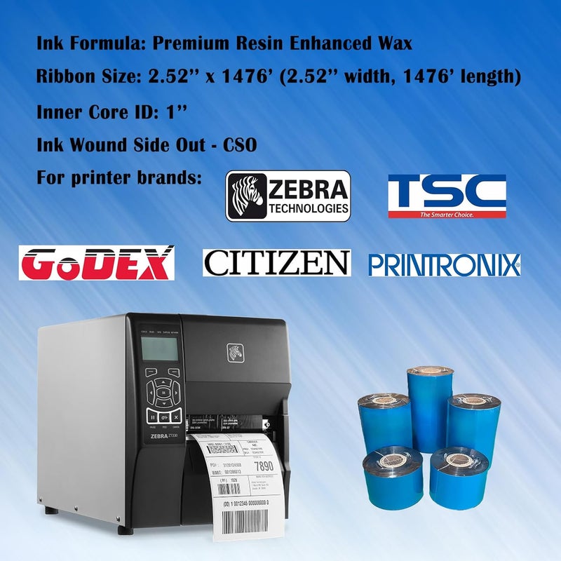 BEUYI 2.52'' x 1476' Premium Resin Enhanced Wax Ribbon, 64mm x 450m Black Thermal Transfer Ribbon for Barcode Thermal Label Printers, CSO-Ink Outside, 1'' Core for Zebra, TSC, GoDex, Citizen (1 Roll) - Image 2